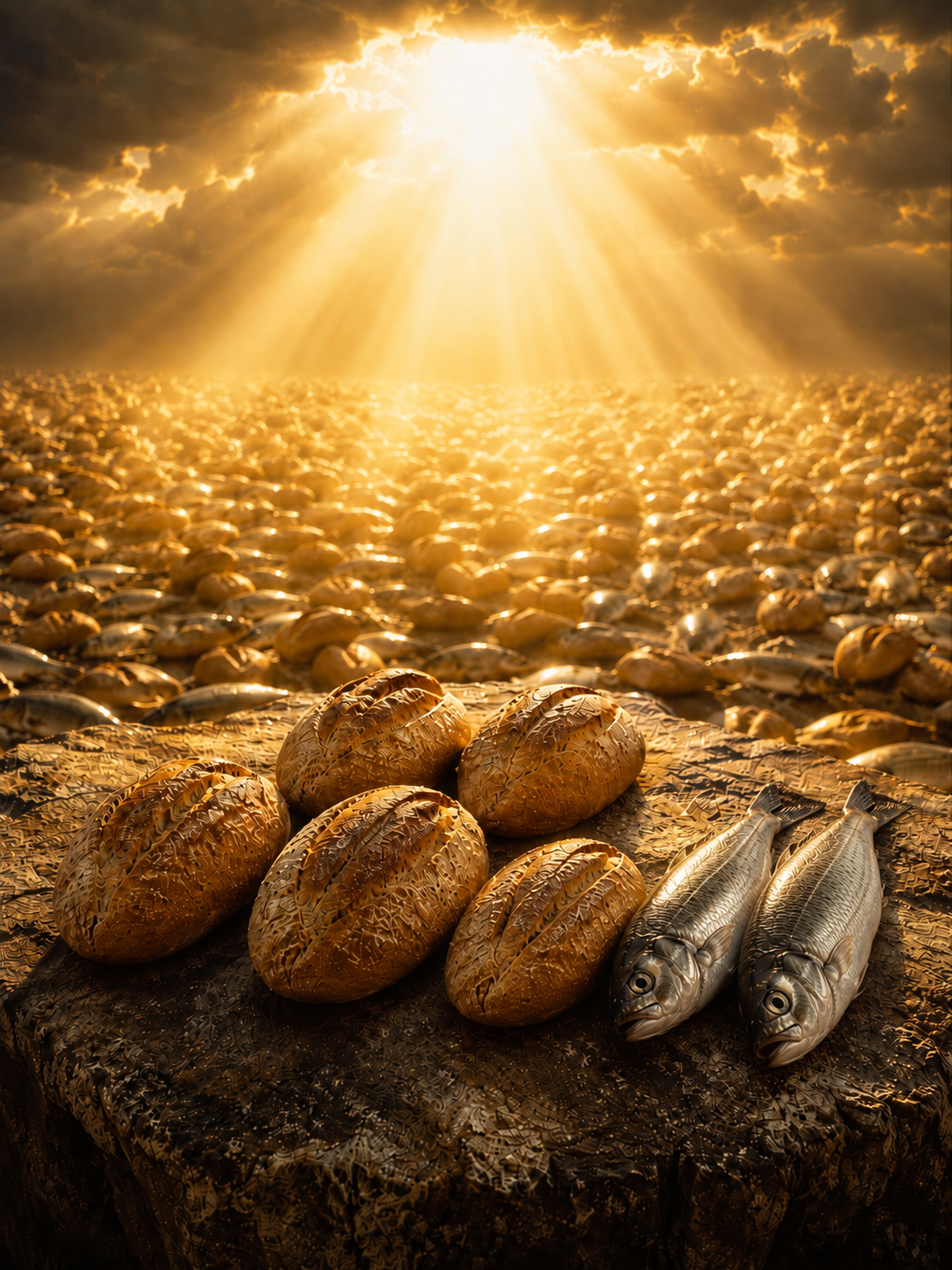 Cinq pains et deux poissons se multipliant dans une lumière dorée pour illustrer la multiplication et la provision de Dieu