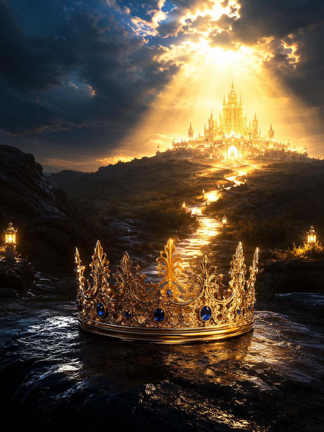 Couronne royale devant un chemin menant des ténèbres vers une lumière dorée, symbole de l’identité de fille du Roi en Jésus-Christ