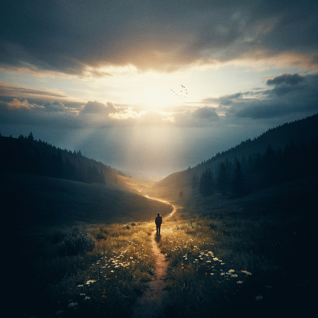 Lumière traversant une vallée sombre et symbolisant l’amour infaillible de Dieu et l’espérance en Jésus-Christ