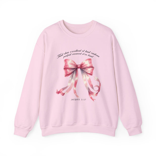 Sweatshirt rose pâle pour femme orné d'un ruban aquarelle et du verset Jacques 1:17.