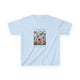 T-shirt bleu clair pour enfant orné d'un motif floral et de papillons avec une inscription.