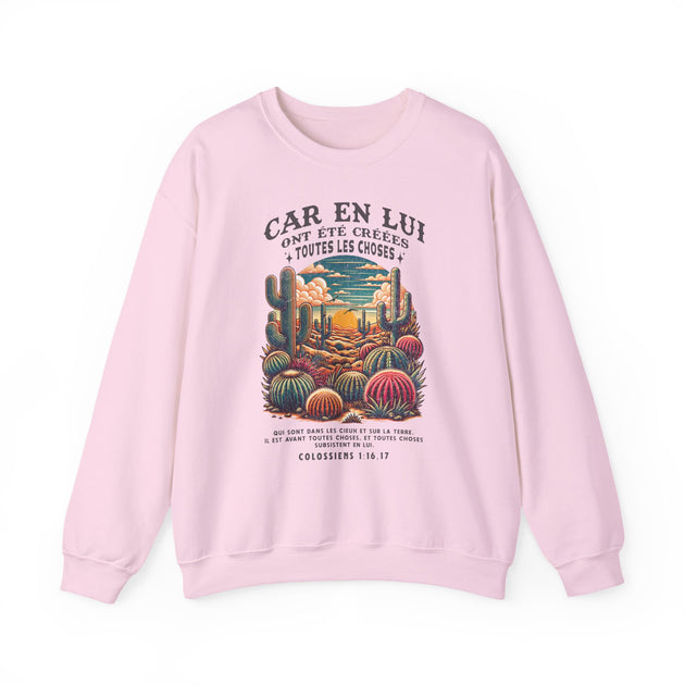 Sweatshirt rose pâle pour femme avec une illustration de désert et un verset biblique.
