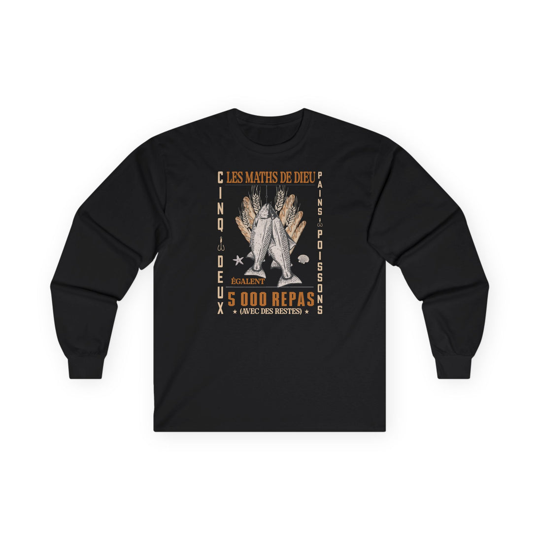 T-shirt noir à manches longues pour homme avec un motif religieux illustrant la multiplication.
