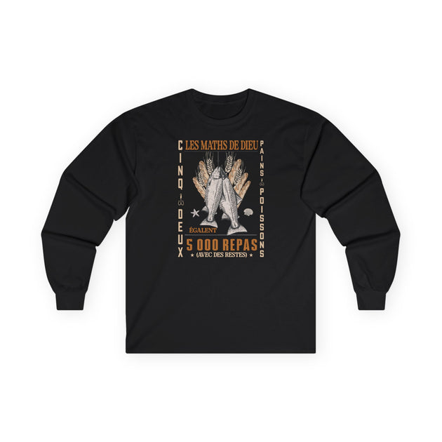 T-shirt noir à manches longues pour homme avec un motif religieux illustrant la multiplication.