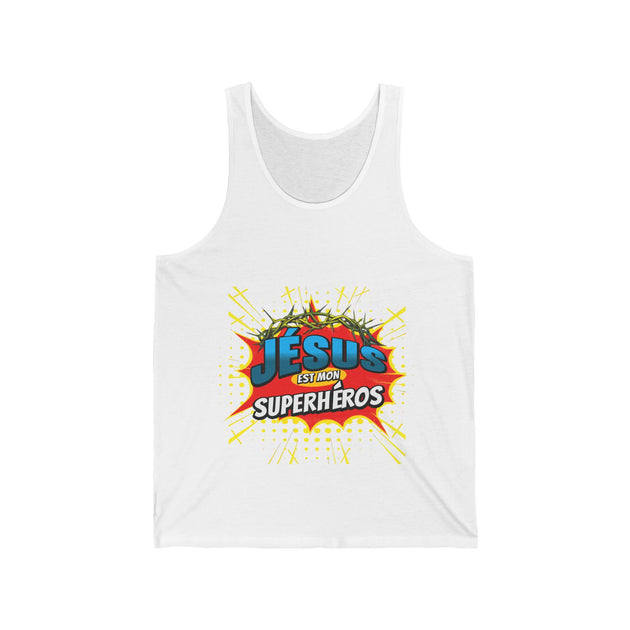 Débardeur blanc pour homme avec un motif coloré style bande dessinée Jésus est mon superhéros.