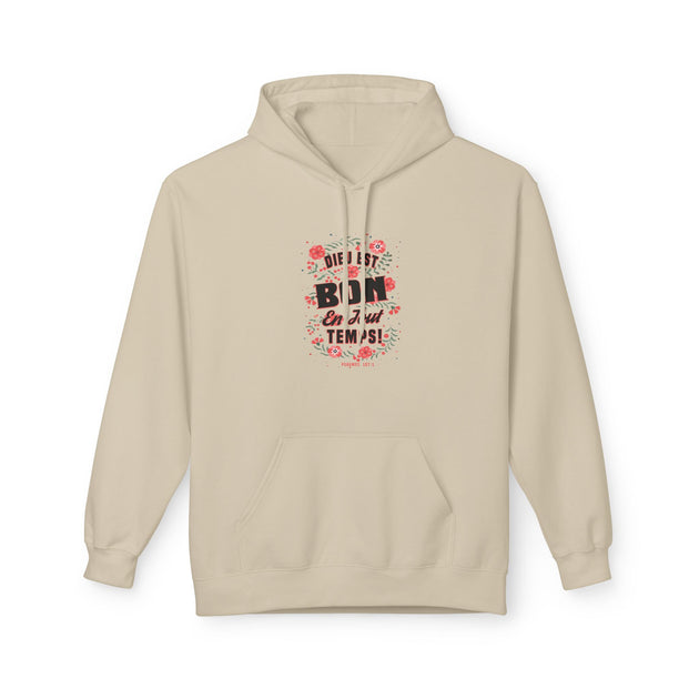 Sweat à capuche beige pour femme avec un motif floral et le texte Dieu est bon en tout temps.