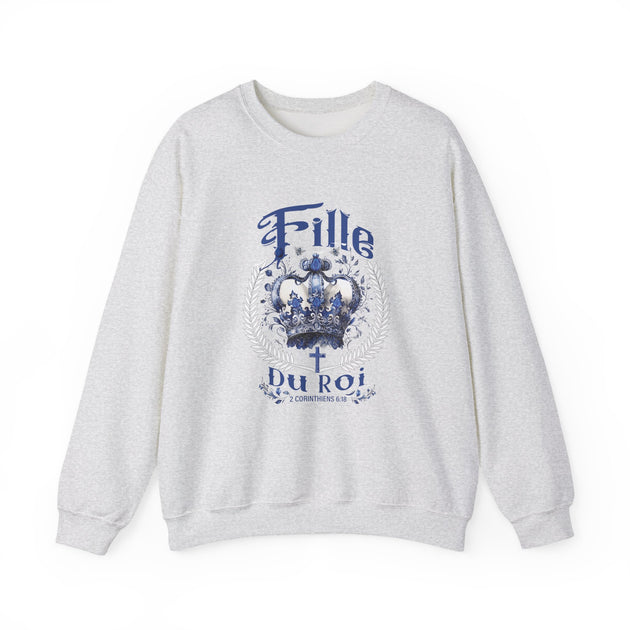 Sweat-shirt gris chiné pour femme avec une couronne bleue et le texte Fille du Roi imprimé.