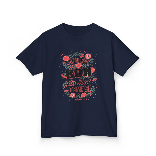 T-shirt bleu marine pour enfant avec un motif floral et le texte Dieu est bon en tout temps.