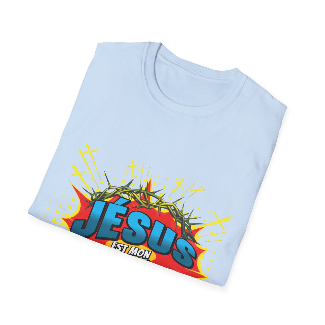 T-shirt bleu clair plié avec une illustration style bande dessinée représentant une couronne d'épines.
