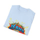 T-shirt bleu clair plié avec une illustration style bande dessinée représentant une couronne d'épines.