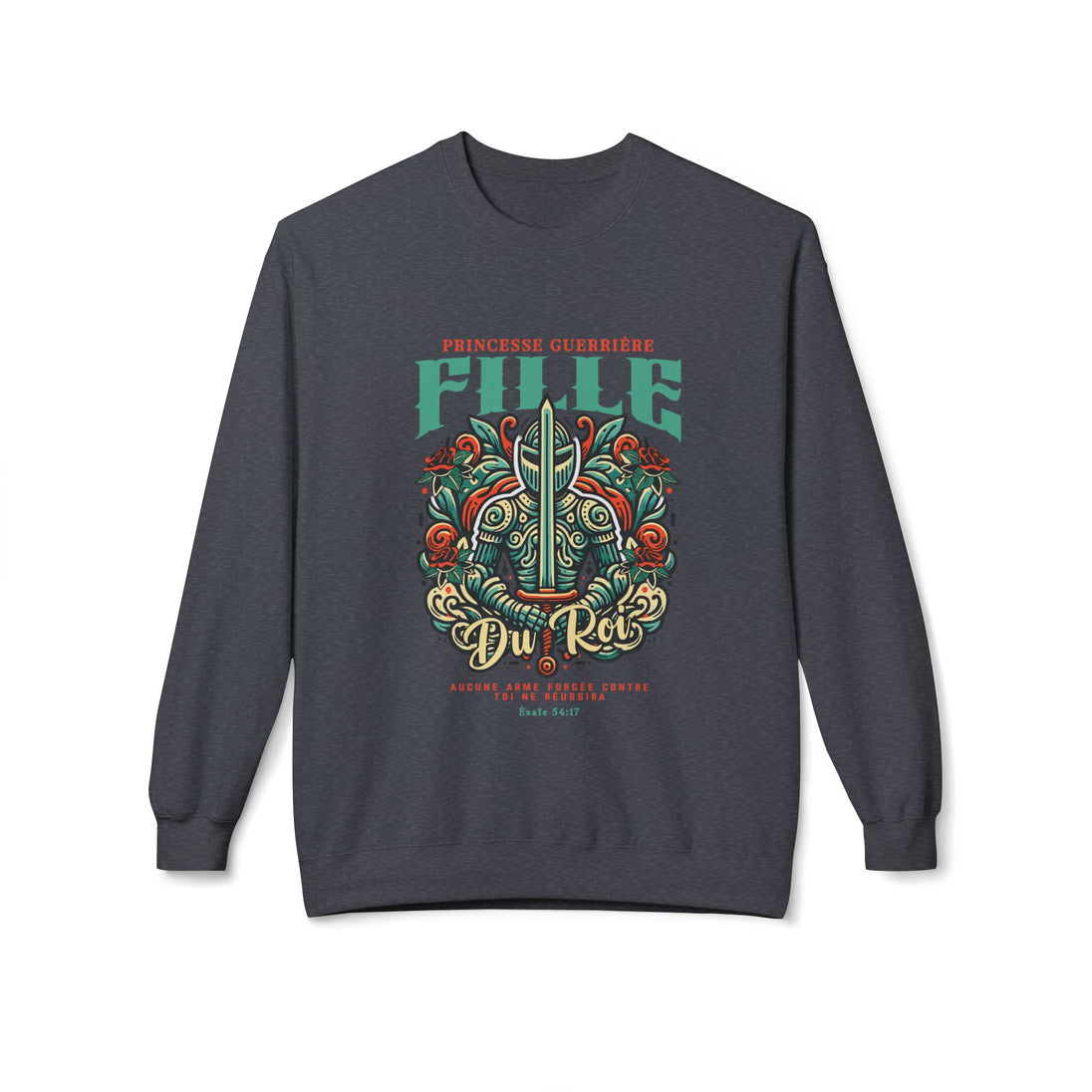 Sweat-shirt gris anthracite pour femme avec une illustration de chevalier et un texte religieux.