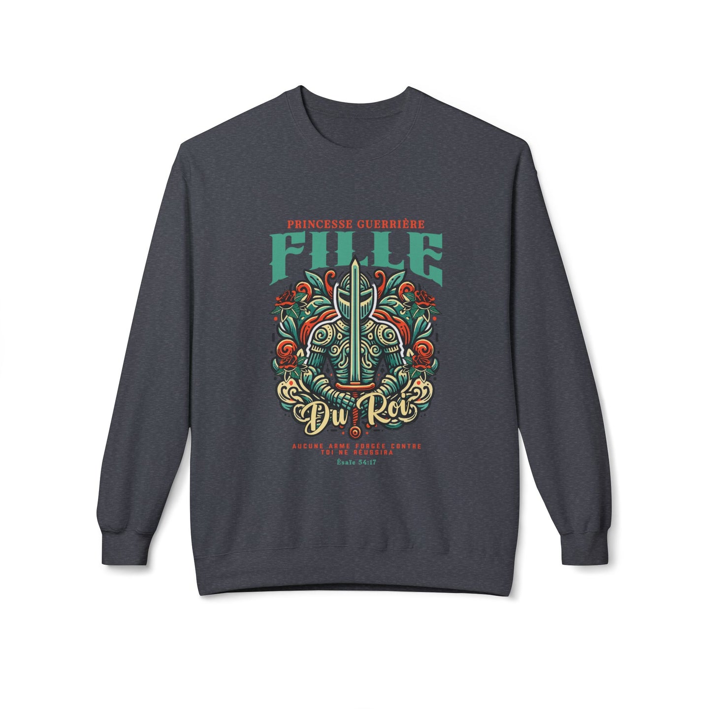 Sweat-shirt gris anthracite pour femme avec une illustration de chevalier et un texte religieux.