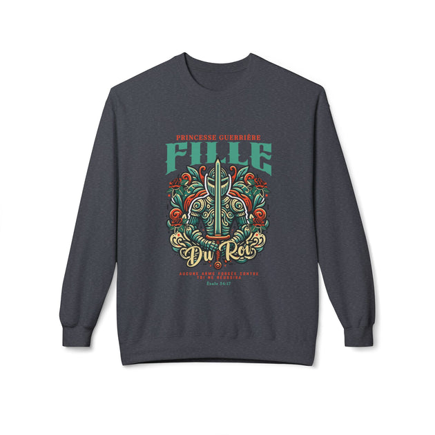 Sweat-shirt gris anthracite pour femme avec une illustration de chevalier et un texte religieux.