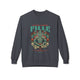 Sweat-shirt gris anthracite pour femme avec une illustration de chevalier et un texte religieux.