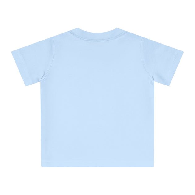 T-shirt pour bébé en coton biologique bleu clair, vu de dos.