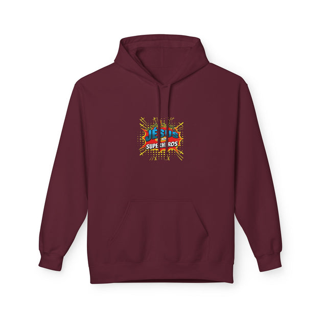 Sweat à capuche bordeaux pour femme avec le motif Jésus est mon superhéros imprimé sur la poitrine.