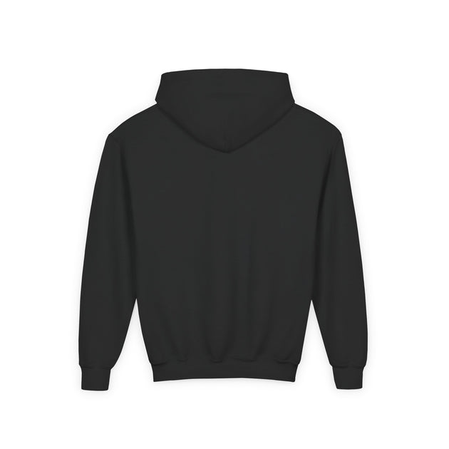 Vue arrière d'un sweat à capuche noir pour enfant avec une coupe classique.