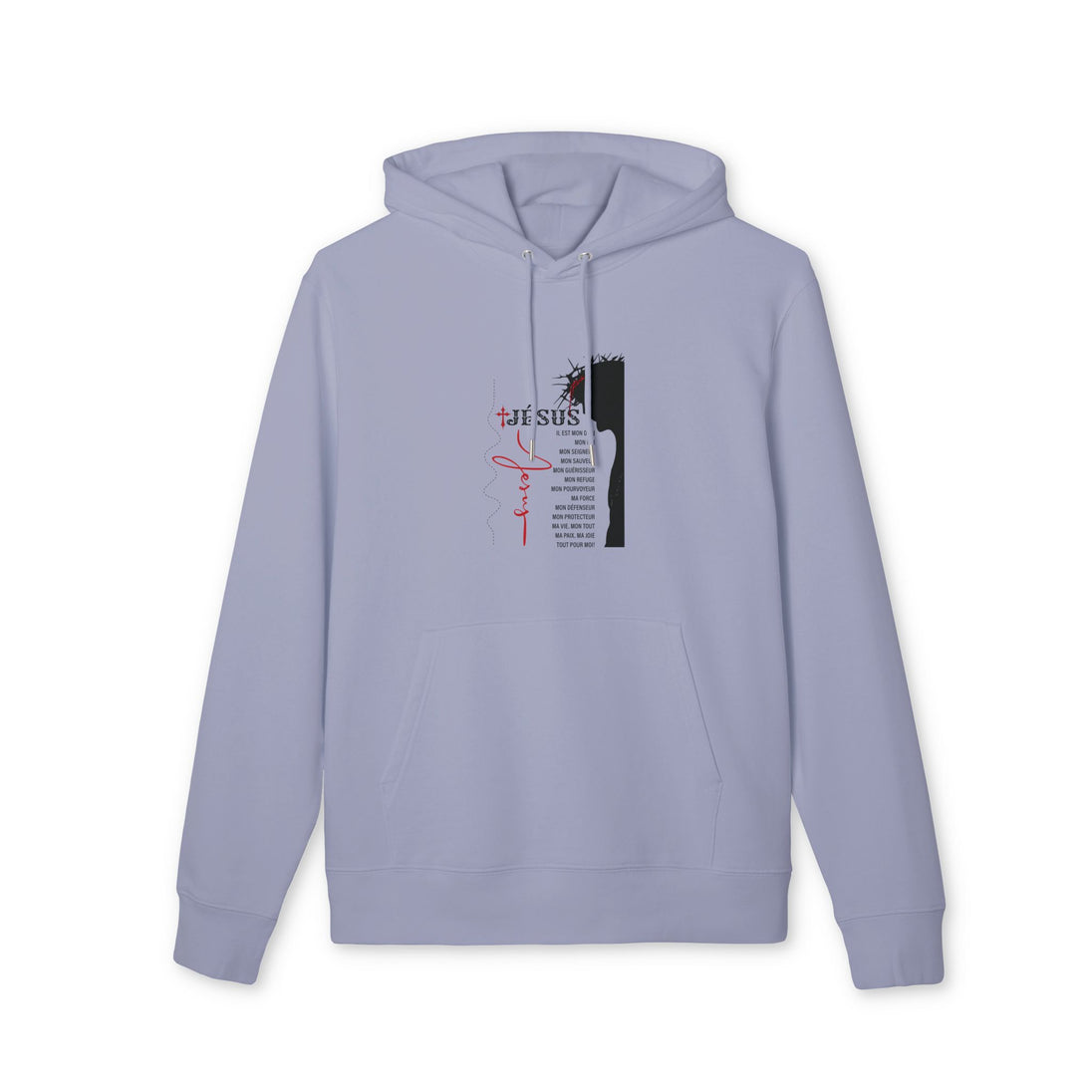 Sweat à capuche bleu lavande avec un motif religieux centré sur le buste.
