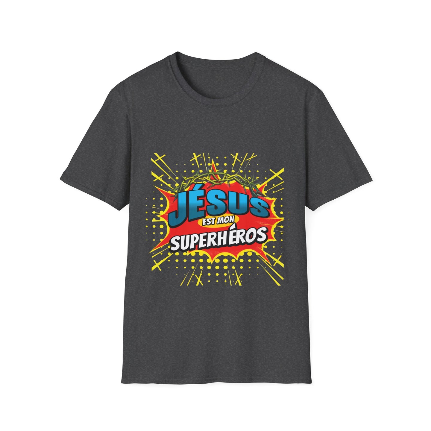 T-shirt gris pour homme avec un motif style bande dessinée Jésus est mon superhéros.
