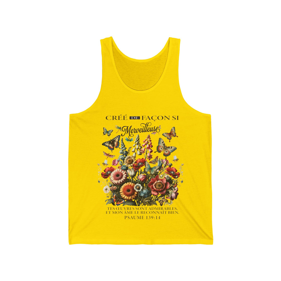 Débardeur jaune pour homme orné d'un motif floral et de papillons avec une inscription religieuse.
