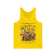 Débardeur jaune pour homme orné d'un motif floral et de papillons avec une inscription religieuse.
