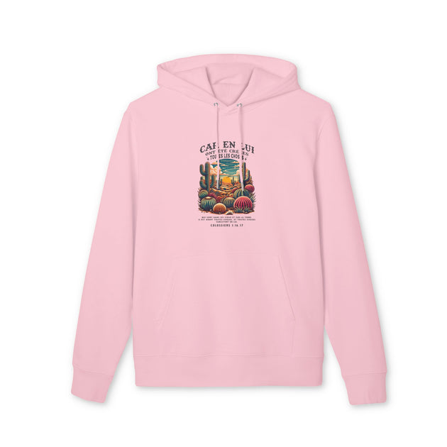 Sweat à capuche rose en coton biologique avec une illustration de désert et un verset biblique.