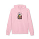 Sweat à capuche rose en coton biologique avec une illustration de désert et un verset biblique.