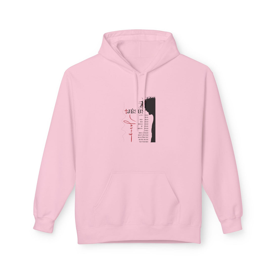 Sweat à capuche rose pour femme avec une illustration religieuse et du texte sur la poitrine.
