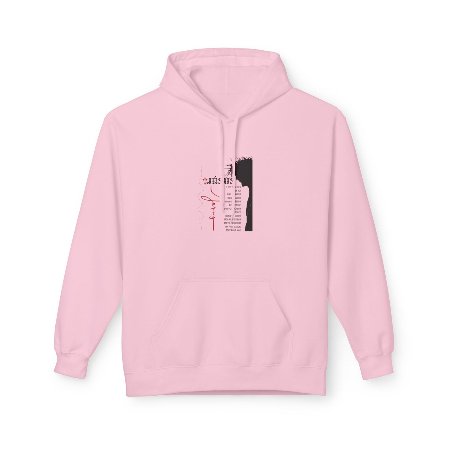 Sweat à capuche rose pour femme avec une illustration religieuse et du texte sur la poitrine.