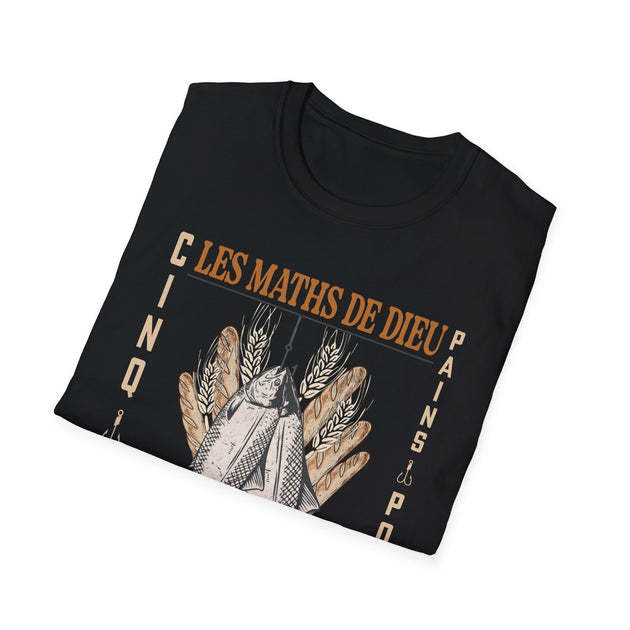 T-shirt noir pour homme avec une illustration de poissons et de pains et le texte Les Maths de Dieu.