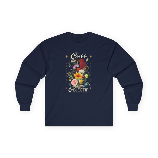 T-shirt bleu marine à manches longues avec un motif floral et le texte Créé avec un objectif.
