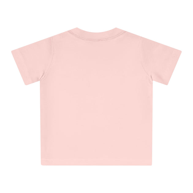 T-shirt pour bébé en coton biologique de couleur rose pâle, vu de dos.