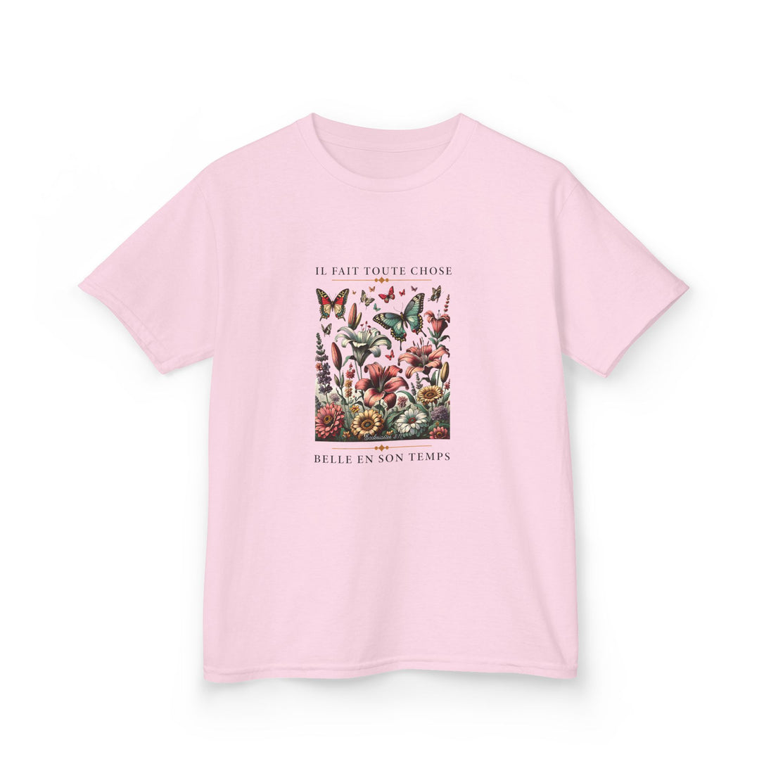 T-shirt rose pour enfant avec une illustration de fleurs et papillons et une inscription en français.