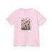 T-shirt rose pour enfant avec une illustration de fleurs et papillons et une inscription en français.