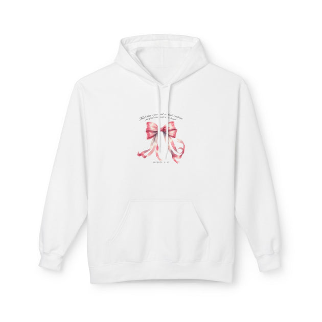 Sweat à capuche blanc pour femme orné d'un nœud rose aquarelle et d'un verset biblique.