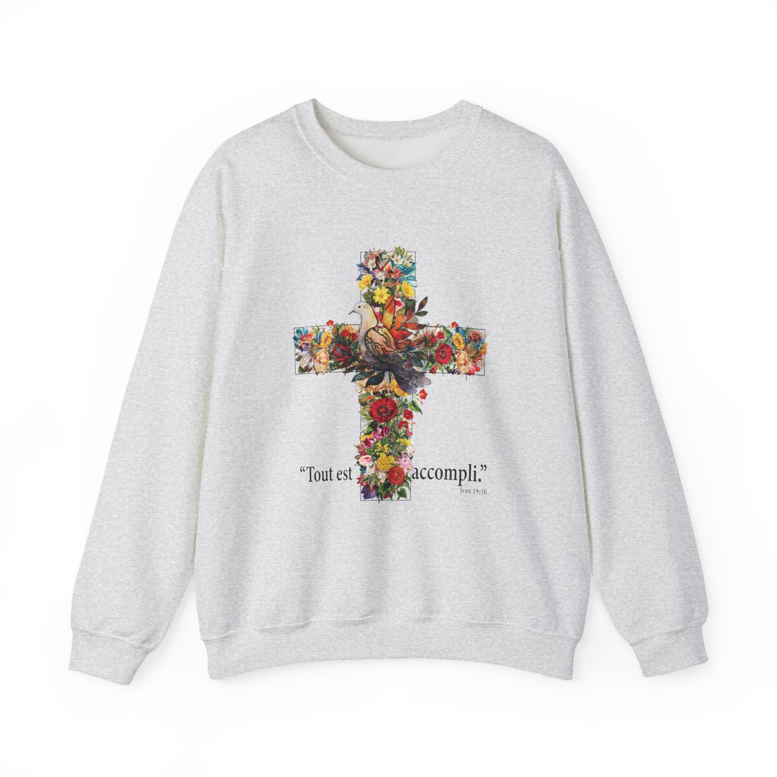 Sweat-shirt gris chiné avec une croix florale et l'inscription Tout est accompli.