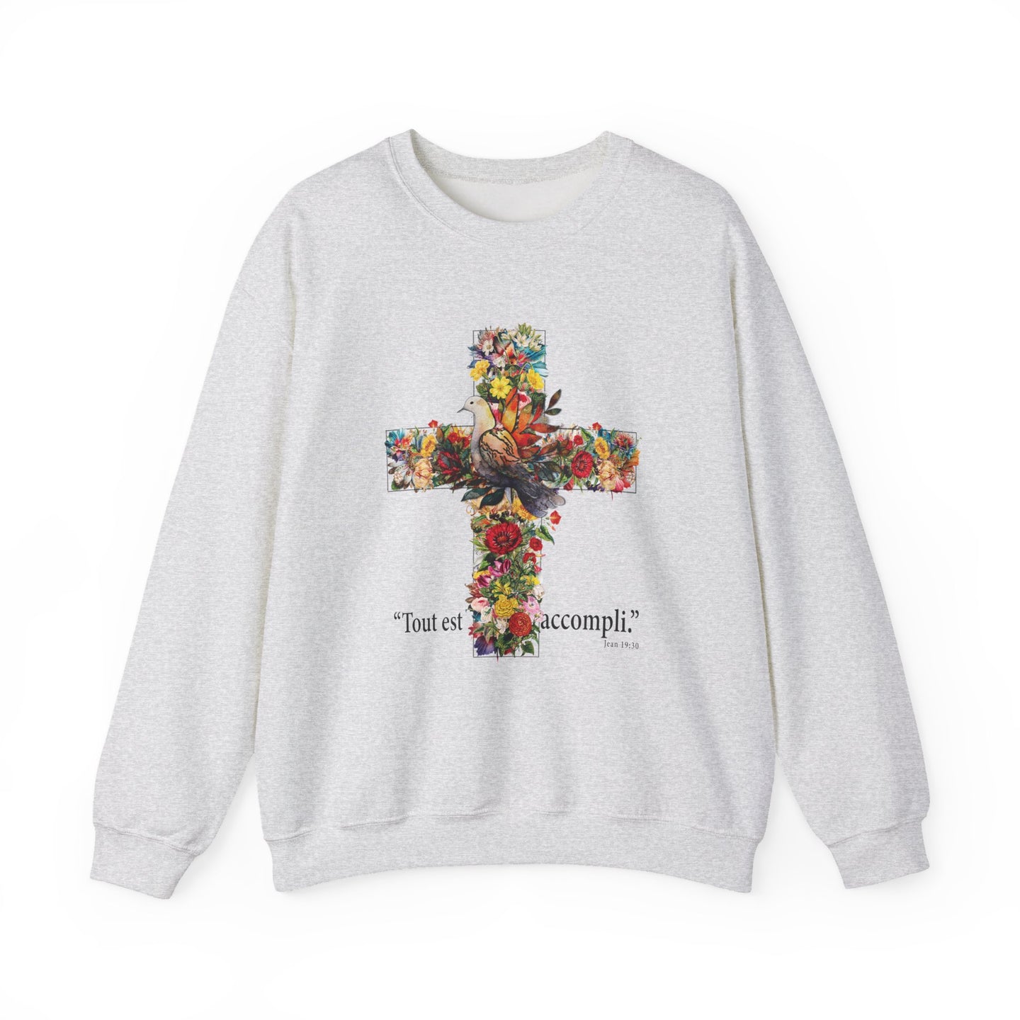 Sweat-shirt gris chiné avec une croix florale et l'inscription Tout est accompli.