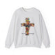 Sweat-shirt gris chiné avec une croix florale et l'inscription Tout est accompli.