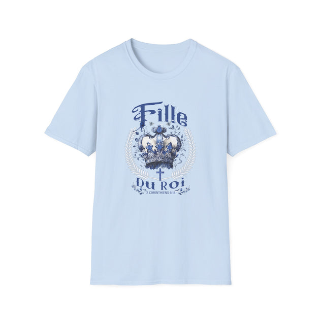 T-shirt bleu clair pour femme avec une couronne ornée d'une croix et l'inscription Fille du Roi.