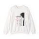 Sweat-shirt blanc à col rond orné d'une illustration de Jésus et de textes religieux en français.