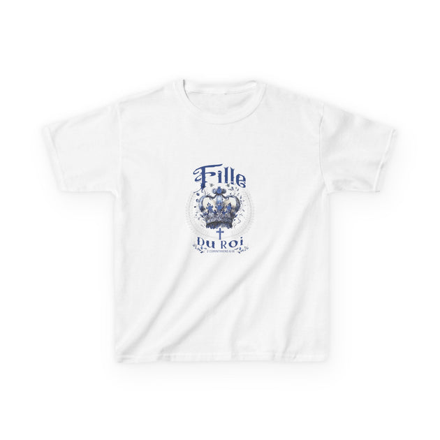 T-shirt blanc pour enfant avec couronne bleue et texte 'Fille du Roi' en français.