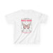 T-shirt blanc pour enfant orné d'un papillon et d'un verset biblique en français.