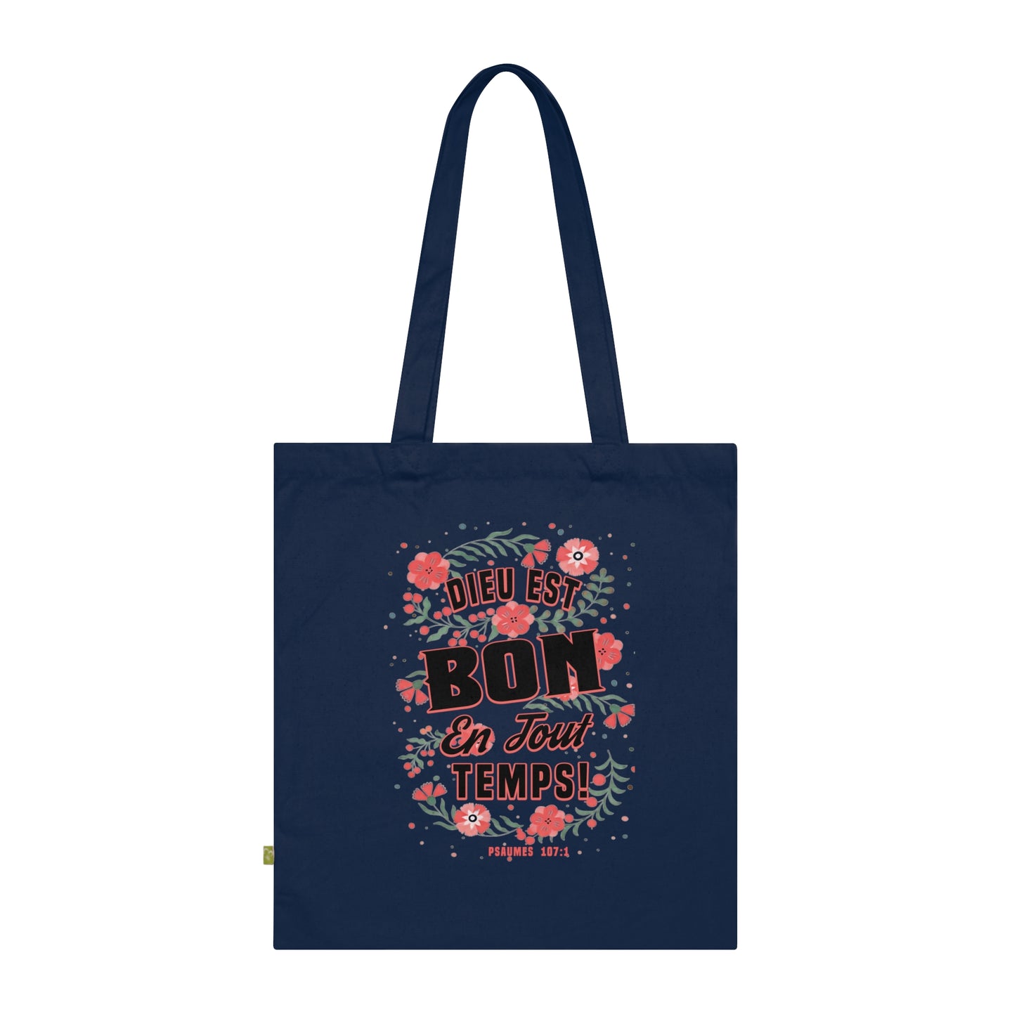 Tote bag bleu marine en coton biologique orné d'un motif floral et du texte Dieu est bon.