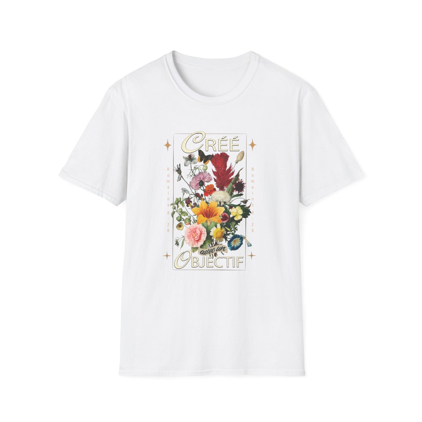 T-shirt blanc pour femme avec un imprimé floral vintage et le texte Créée avec un objectif.