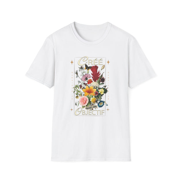 T-shirt blanc pour femme avec un imprimé floral vintage et le texte Créée avec un objectif.