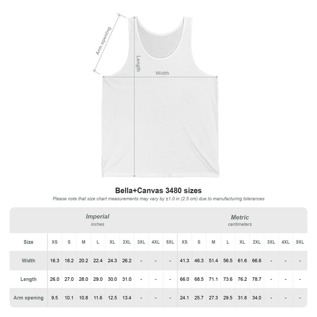 Tableau des tailles pour le débardeur femme Bella et Canvas 3480 avec mesures en pouces et cm.