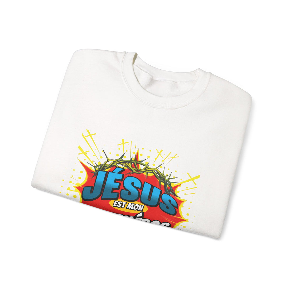 Sweatshirt blanc plié avec une illustration style comics représentant une couronne d'épines.