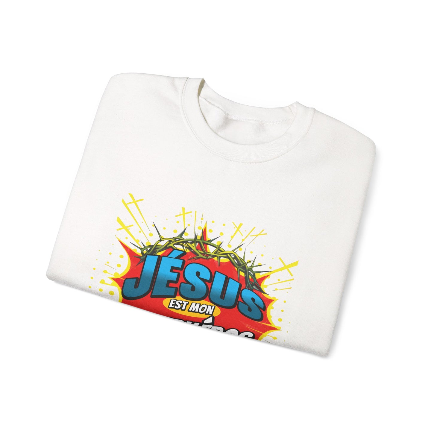 Sweatshirt blanc plié avec une illustration style comics représentant une couronne d'épines.