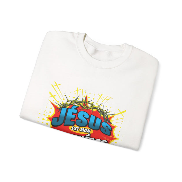 Sweatshirt blanc plié avec une illustration style comics représentant une couronne d'épines.