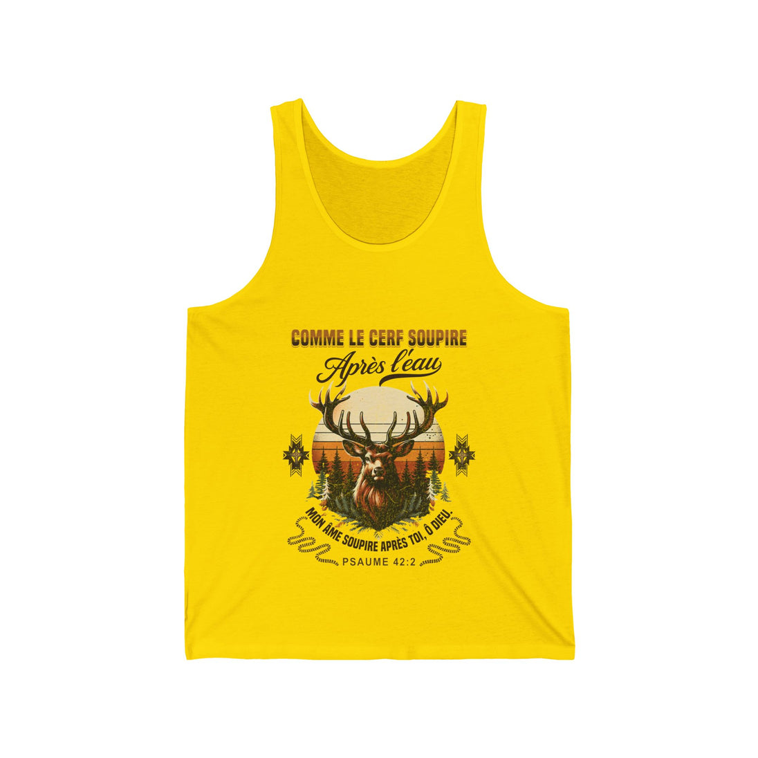 Débardeur jaune pour femme avec une illustration de cerf et le texte biblique Psaume 42:2.